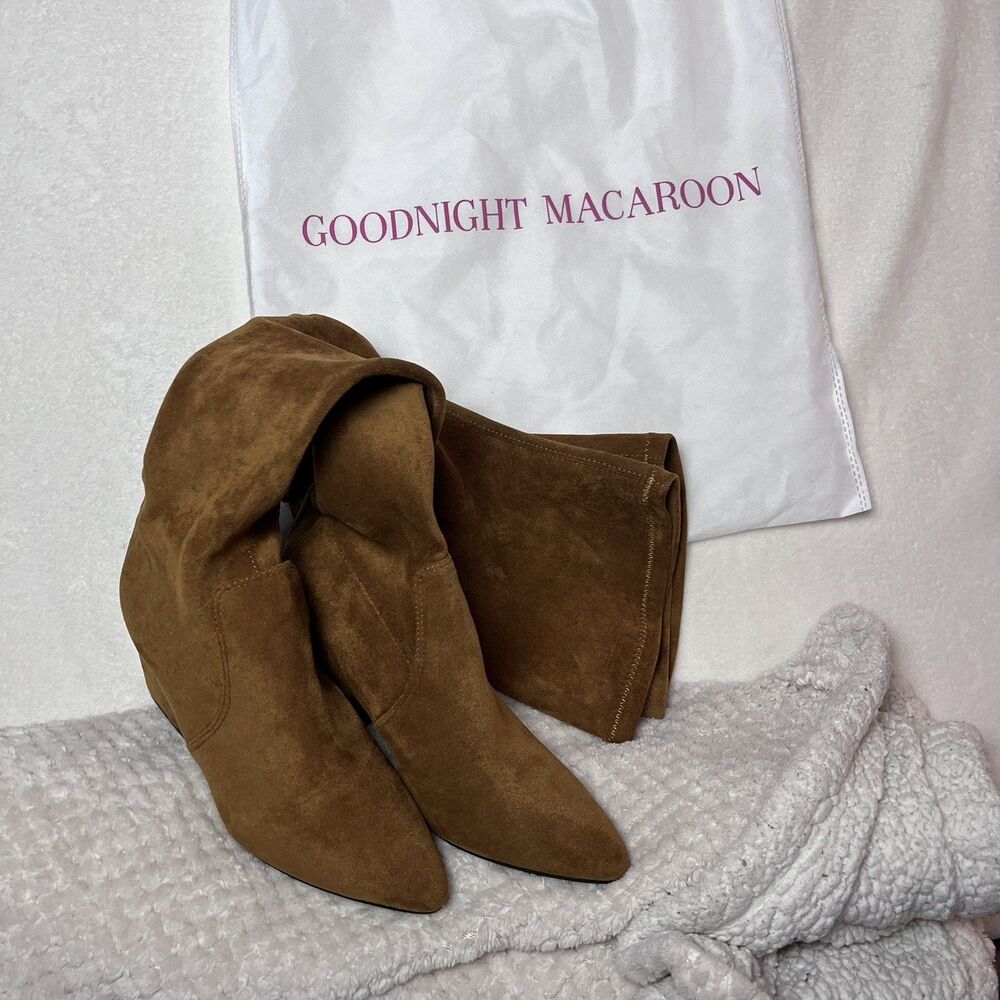 Goodnight Macaroon Marlo Tan Suede Over The Knee Boots Block Heel Size 7.5 NWOT - Picture 9 of 9